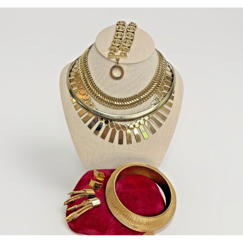 Vintage 80s Runway Gold Tone Statement Jewelry Collection Disco Glam